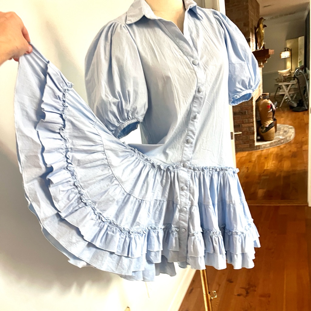 Kleid For Her,Powder-Blue Puff-Sleeve Ruffle Mini Dress,Romantic Cotton,Sizexs/S